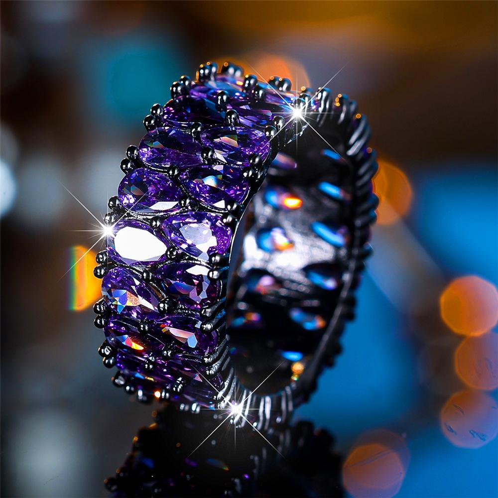 Luxuriöser Damen Kristall Lila Blauer Zirkonstein Verlobungsring Vintage Schwarzgold Farbe Wassertropfen Hochzeitsschmuck Für Frauen