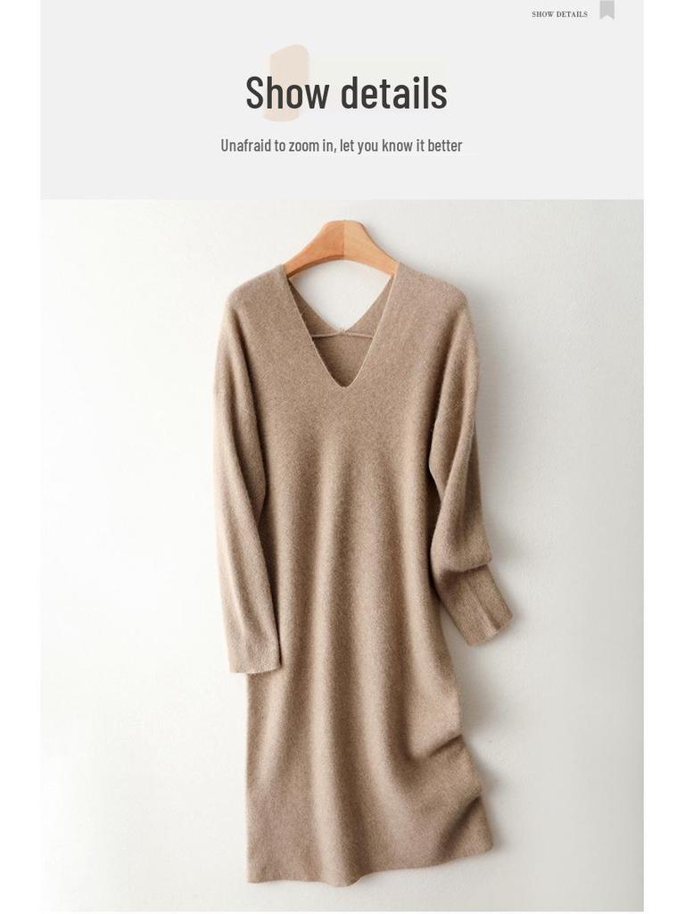 2025 Nowa Koreańska Sukienka Wełniana Dzianinowa o Długości Midi z Dekoltem V na Jesień i Zimę