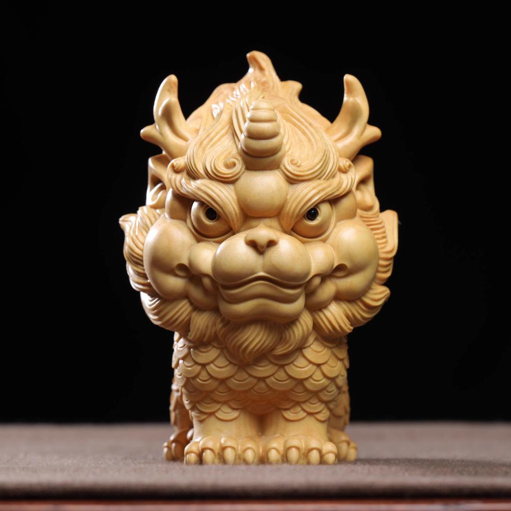 Miniature Statue Wooden Carving Auspicious Beast Qilin Ornament Office Accessories  Home Decoration Gift Collection Souvenirs
