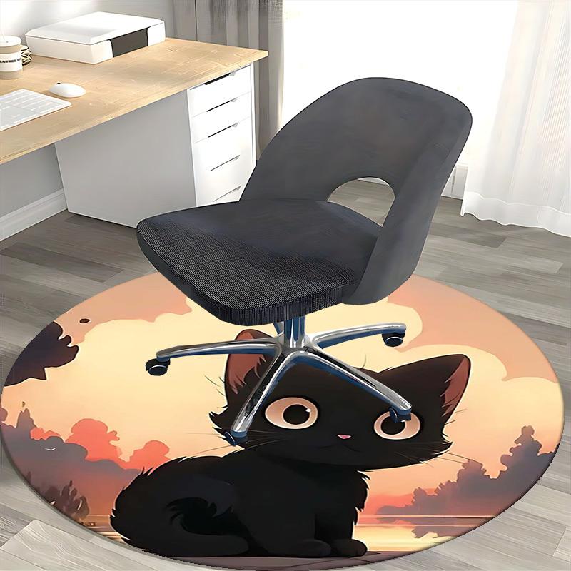 1pc Anime Design Round Carpet Cute Black Cat Sunset Print Chair Mat for Office, Home Decor, Living Room, Bedroom, Game Room Gift