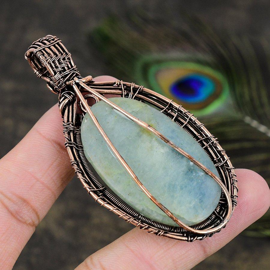 Aquamarine Gemstone Copper Wire Wrap Jewelry Pendant 3.07