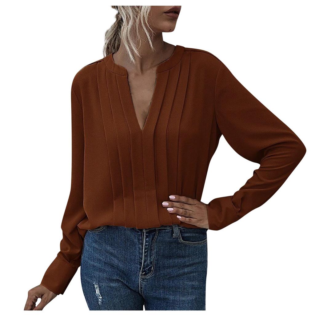Women's Casual Loose Deep V-neck Shirt Chiffon Pleated Long Sleeve Work Shirt