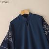 ZANZEA Women Casual Stand Collar Retro Embroidery Splice Half Sleeve Blouse