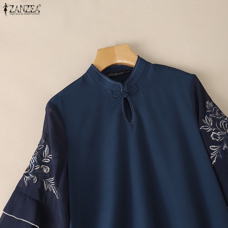 ZANZEA Women Casual Stand Collar Retro Embroidery Splice Half Sleeve Blouse