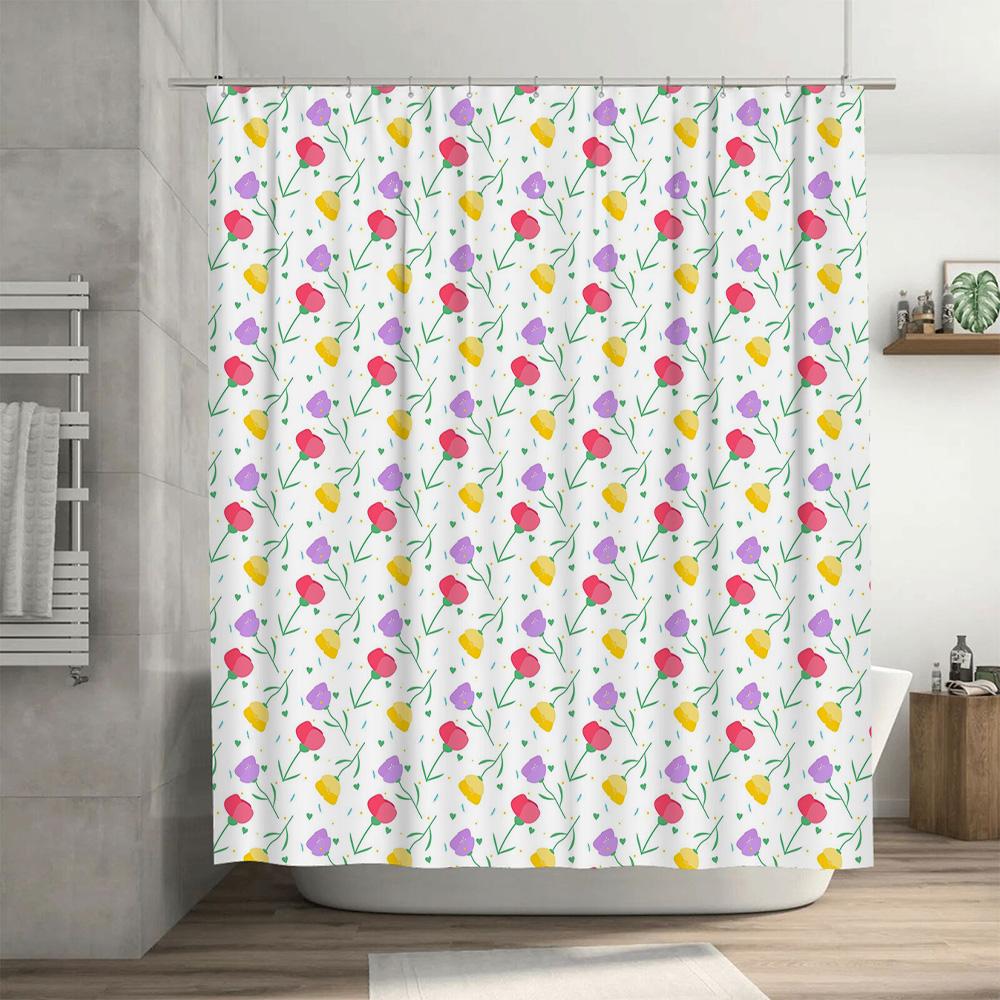 Watercolor Floral Shower Curtain Set Multicolored Leaves Flowers Print Bathroom Decor Modern Style Waterproof Fabric (180 x 240c
