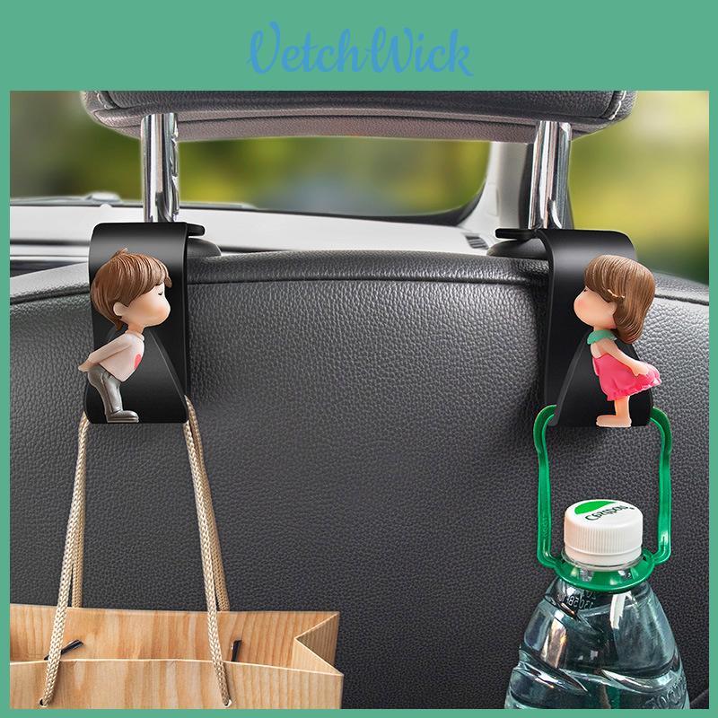 Cute Cartoon Car Seat Back Hooks Complete Collection Of Car Interior Decorations Plastic Material Grey Hat Couple 1 Pair Hooks