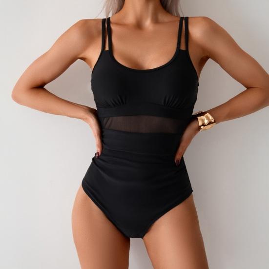 Sexy One-piece Swimsuit U-neck Sleeveless Backless Sexy Monokini Pure Color Mesh Splicing Slim Fit Tummy Control Removable Pads High Waist