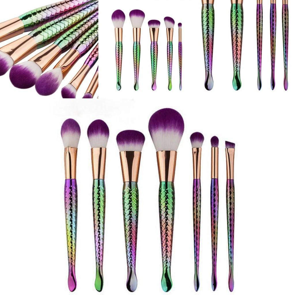 Gujhui Mermaid Makeup Brush Set 5 Pieces Nylon Brushes Long Handle Purple Hair Exquisite Design