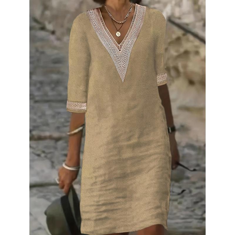 New Solid Color V-Neck Mid-Sleeve Cotton Elegant Dress