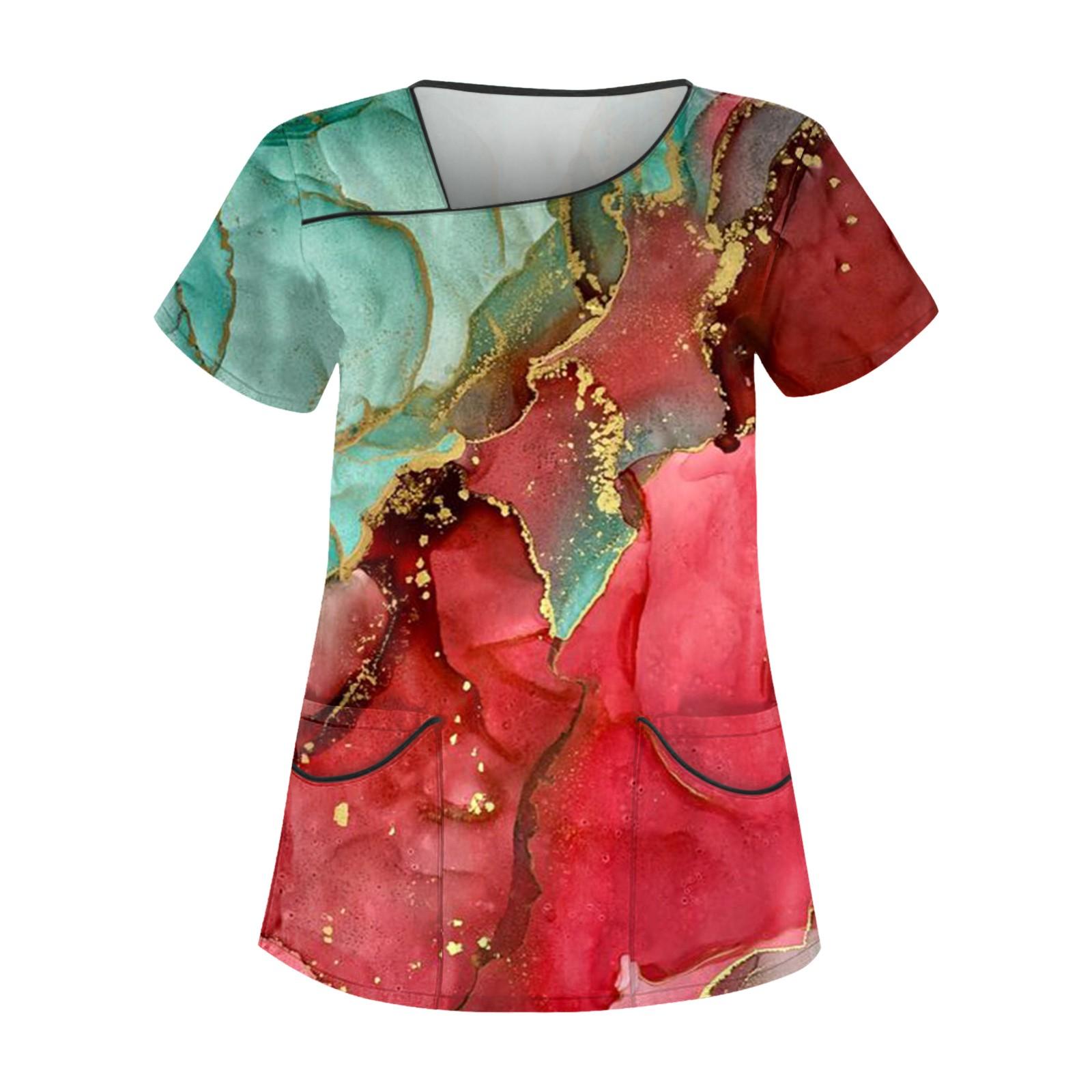 

Женская мода, униформа с принтом, комбинезон, футболка с наклонным воротником и двойным карманом, топ с короткими рукавами красный