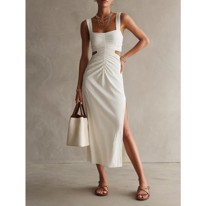 Elegant Square Neck Sleeveless Slit Dress For Vacation