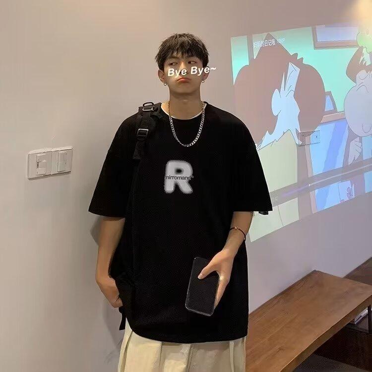 Men'S Trendy Letter Round Neck Printed Short Sleeved T-Shirt For Summer Ins Loose Casual Top