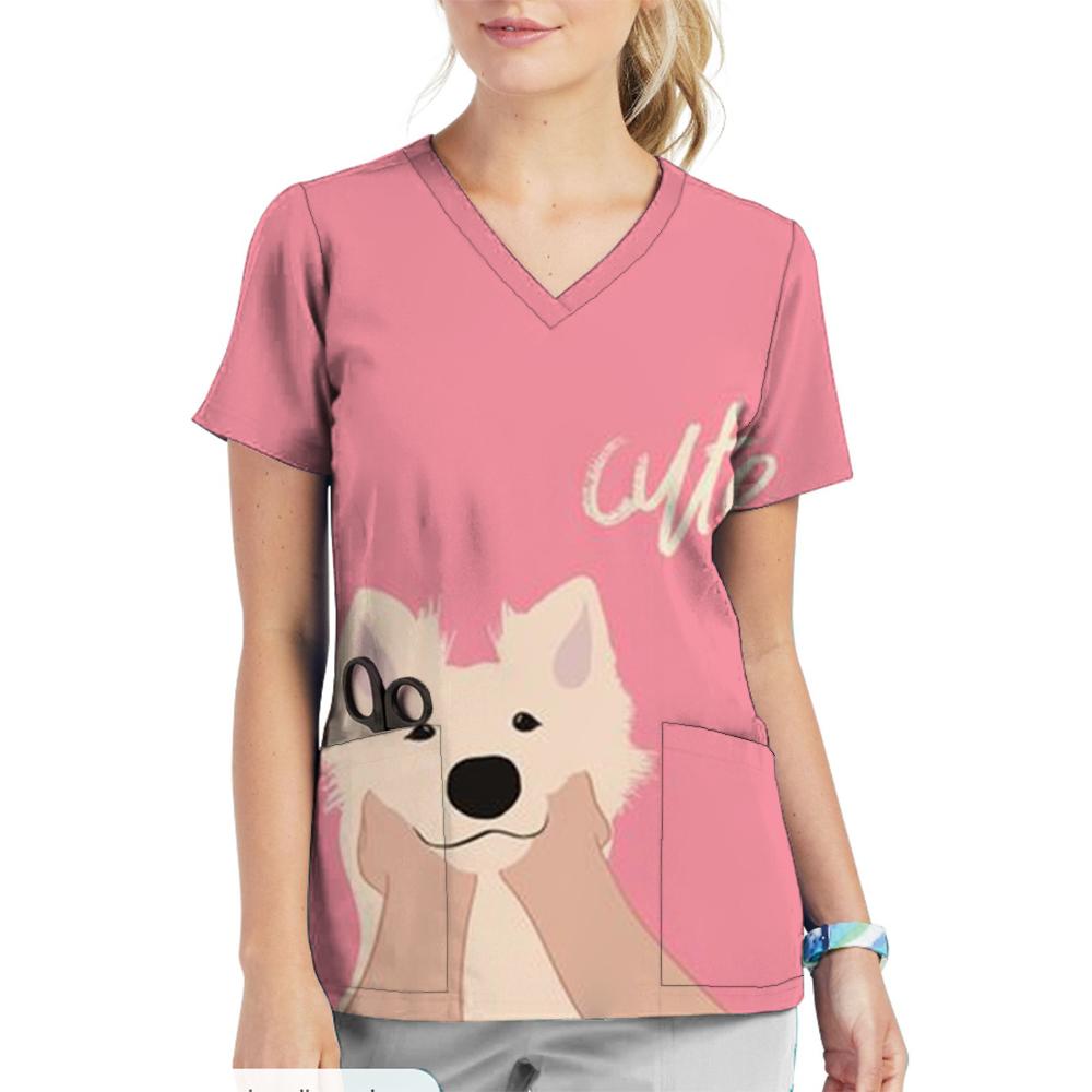 Krankenschwester Uniform V-Ausschnitt Cartoon Katze Hund Muster Bedruckte Oberteile Kurzarm Taschen Damen T-Shirts