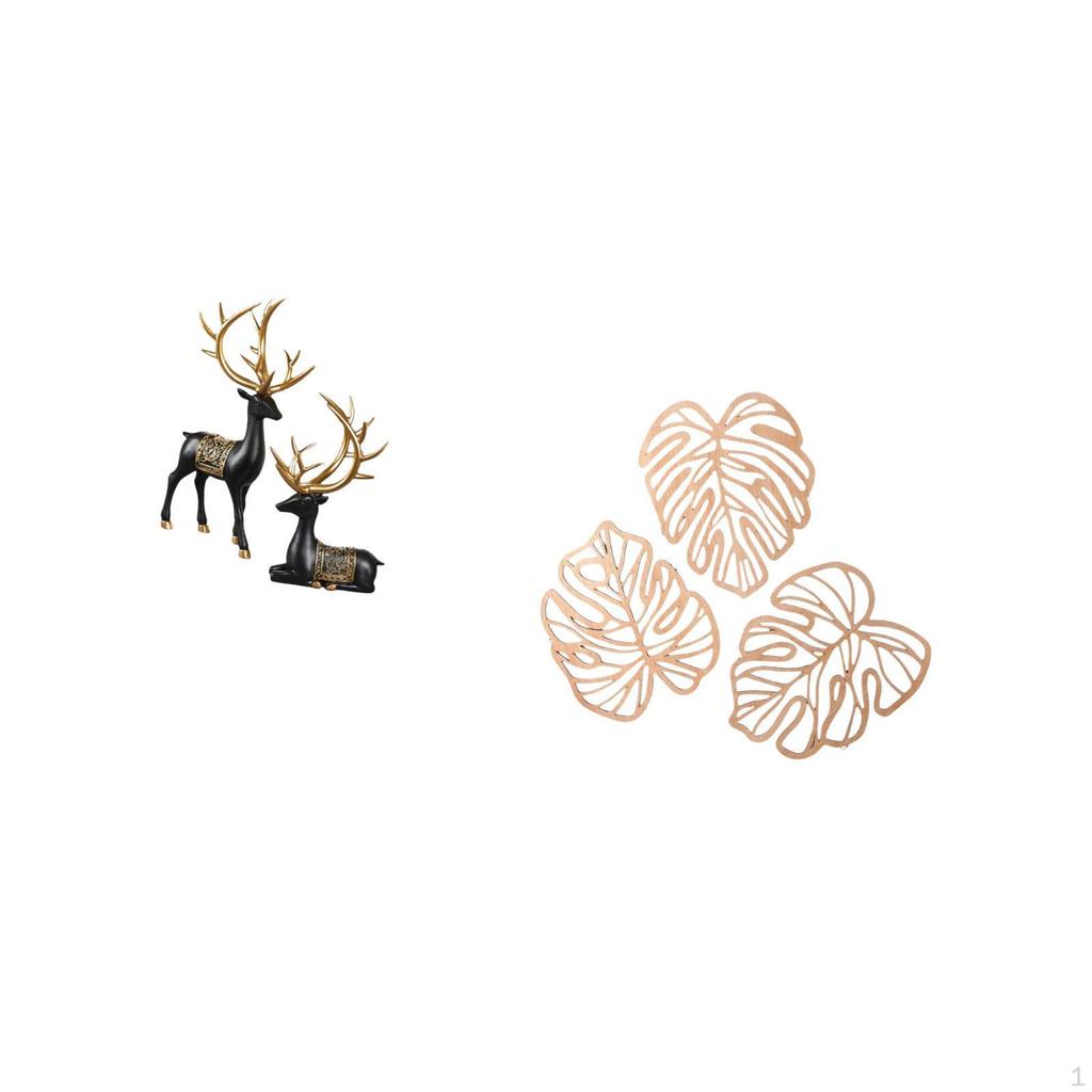 Reindeer Elk Resin Statue And Palm Leaves Wood Wall Decor Creative Animal Figure Collection for