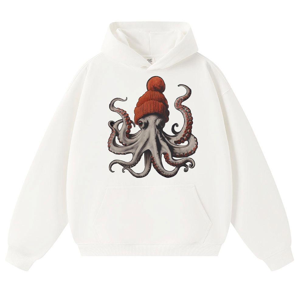 Bere Takmış Komik Ahtapot Grafik Kapüşonlu Sweatshirt Erkek Kadın Moda 90lar Vintage Uzun Kollu Oversize Polar Sweatshirt