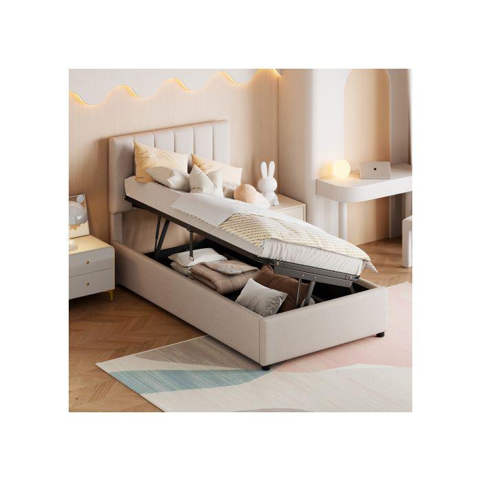 Letto per bambini - MUVOE - 90x200 cm - Beige - Contenitore idraulico - Tessuto in lino morbido