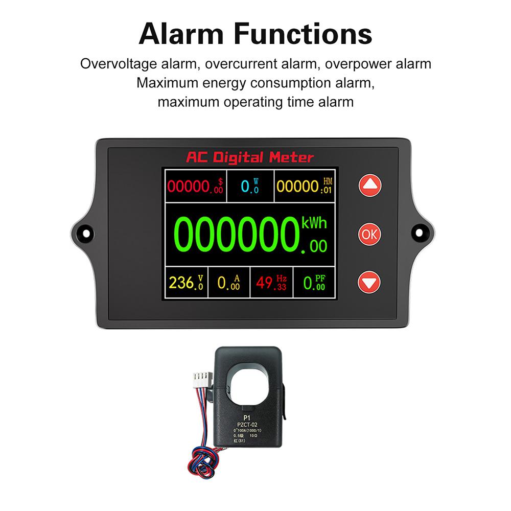 PZEM-030 AC Digital Voltage Current Meter Power Monitoring 0-100A Power Frequency Energy Multimeter 2" TFT Color Screen 80-260V