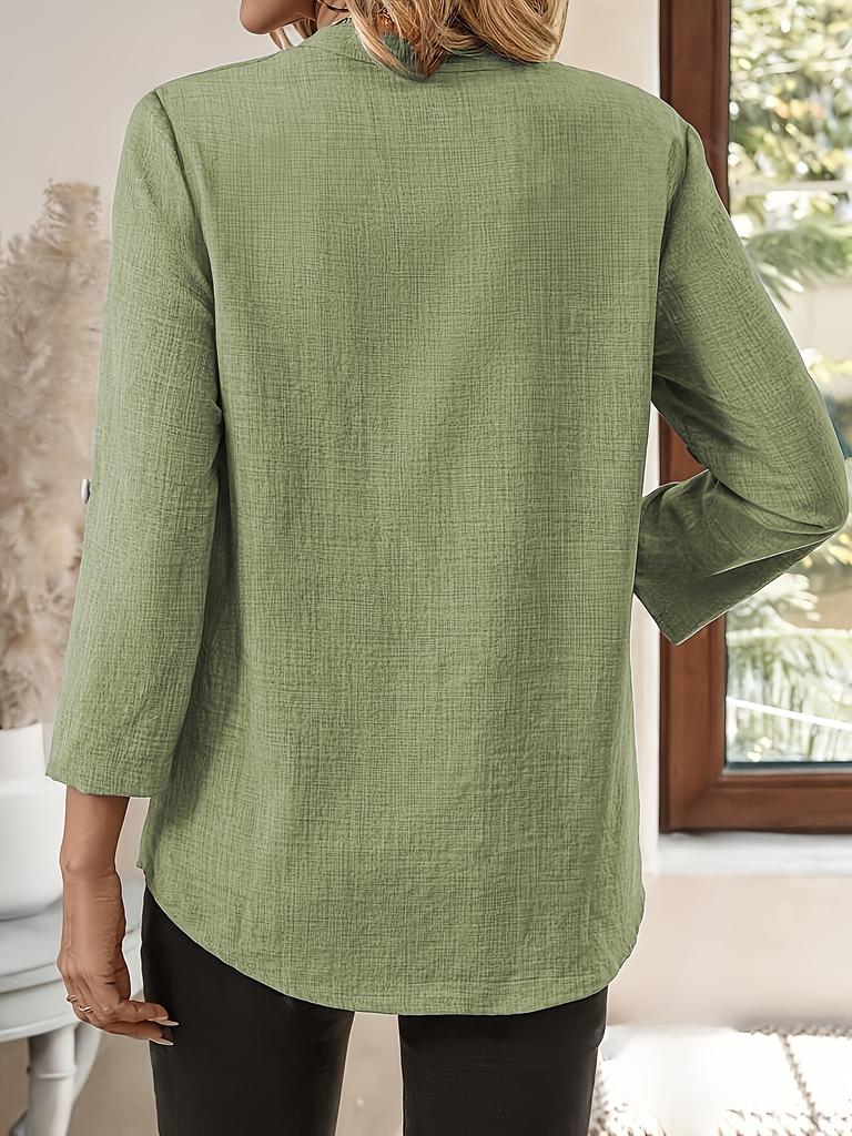 Ladies' Elegant V-neck Long Sleeved Top, Solid Color Design, Button Details, Lightweight Fabric, Suitable for Spring, Summer, and Autumn