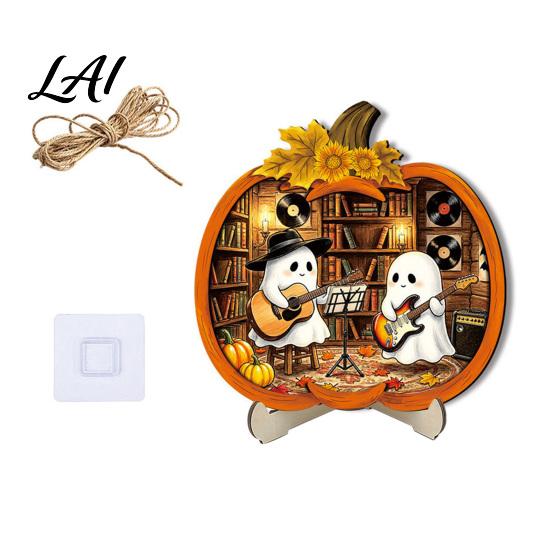 Cool Patterned Ornaments Halloween Door Sign Glowing Ghost Hanging Decor Wooden LED Window Reusable Party Supplies Ornament for Party Spooky