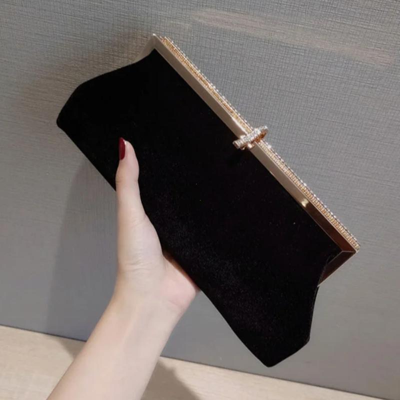 Ladies Luxury Bags Csw003 Women's Black Retro Velvet Evening Clutch Bag Glitter Rhinestone Buckle Banquet Party Handbag Purse With Chain