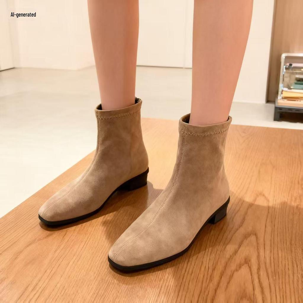 Grape Mom's Korean Retro Square Toe Suede Chunky Heel Martin Boots for Women - Height-Enhancing, Versatile Autumn/Winter Short Boots