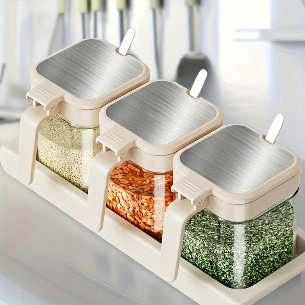 3Pcs/set Clear Glass Condiment Jar Spice Container with Lids and Spoons Storage Condiment Canisters Pots