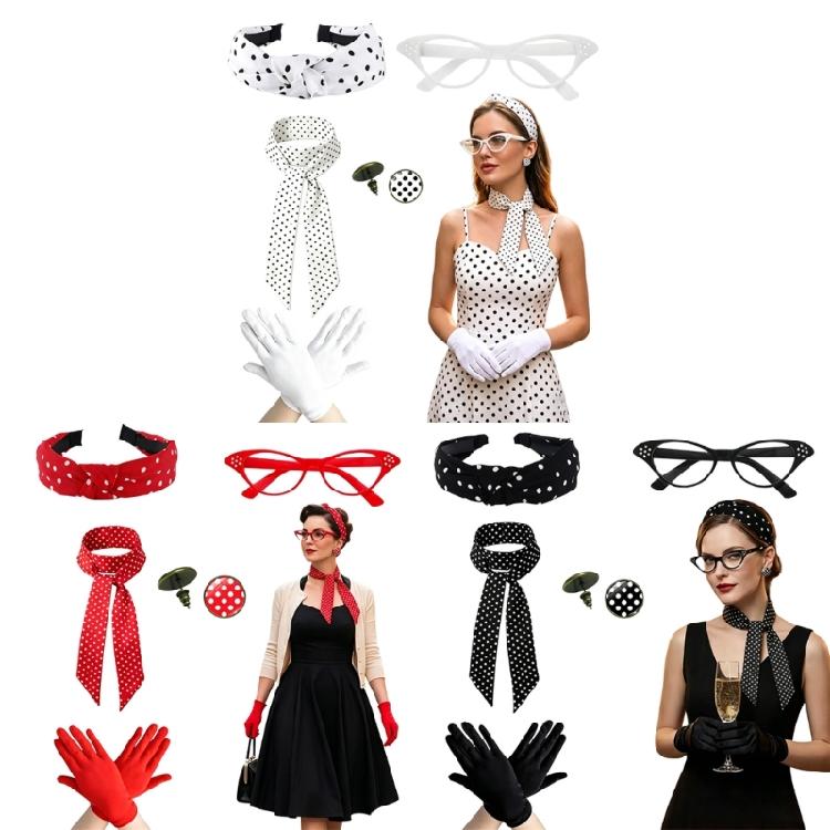 50S Rockabilly Costumes,1950S Costumes Accessories Halloween Cosplay Costume Scarf,Cats Eye Glasses,Scarf,Earrings,Gloves