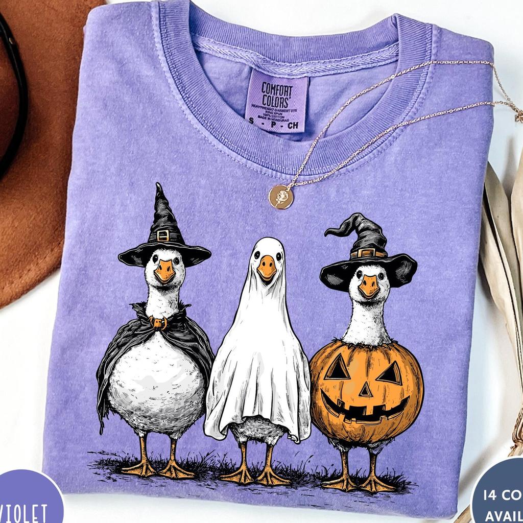 Goose Halloween Comfort Colors® Shirt, Retro Halloween Aesthetic, Women's Halloween Shirt, Vintage Ghost Pumpkin Witch Goose Graphic Tee
