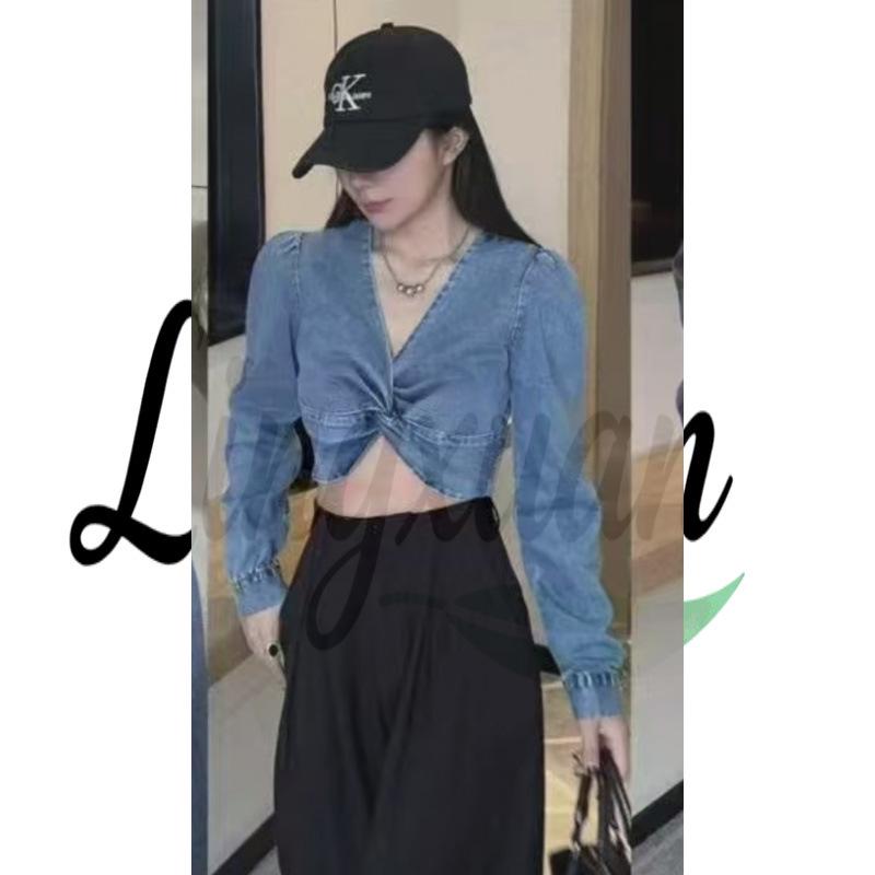 

Korean European V-Neck Puff Sleeve Twisted Denim Crop Top Large синий