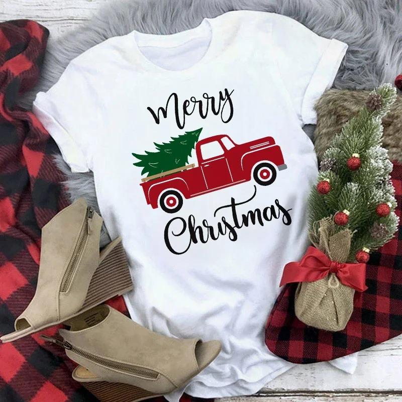 Truck SnowUnisex Family Christmas TShirt Womens Short Sleeve Cute Casual Top Cartoon SnowUnisex with Santa Hat Print