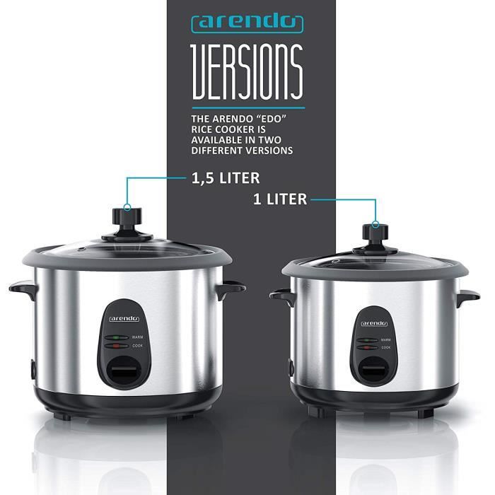 Arendo Cuiseur À Riz En Acier Inoxydable Avec Fonction Maintien Au Chaud Et Fonction Cuisson Vapeur - Cuisson Vapeur - Capacité 1,5