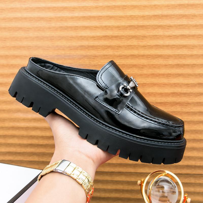 Męskie mokasyny typu mule, skórzane chodaki, buty typu slip-on, codzienne, odkryte, półdrag, buty imprezowe, gruba podeszwa, buty zwiększające wysokość