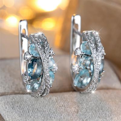 Charm Female Pink Blue Crystal Zircon Stone Hoop Earrings Silver Color Simple Wedding Jewelry For Women
