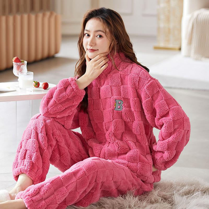 Pajama Women's Autumn/Winter Coral Velvet Set New Women's Flannel and Fleece Thickened Warm Home Wear