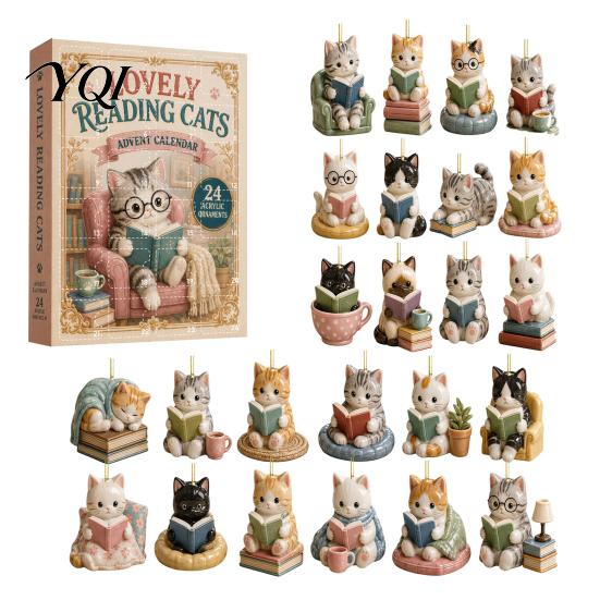 Christmas Tree Hanging Decorations Reading Cat Advent Calendar 2026, Cute Kitten Acrylic Ornaments 24 Days Countdown Unique Box Calendar, Pcs Cartoon