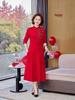 Red Long-Sleeve Qipao for Mothers, Elegant Autumn/Winter Wedding Banquet Dress