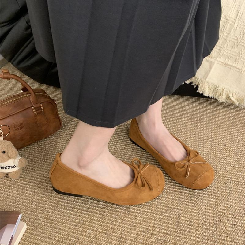 Candy Bow Light Mouth Suede Round Head Ballet Shoes Women's Soft Flat Bottom One Pedal Mary Jane Single Shoes
