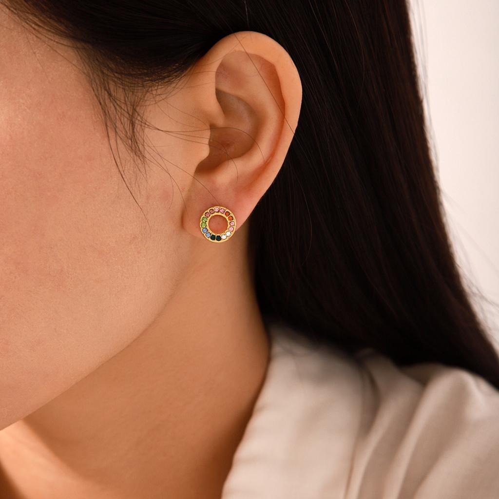 Round Stainless Steel Colorful Diamond Stud Earrings for Women, Light Luxury Versatile Titanium Steel Earrings, Fade-resistant