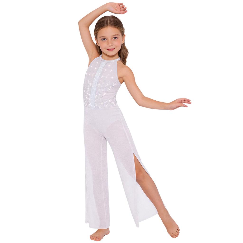 Mädchen Strass Glitzernder Body Ärmellos Schlüsselloch Rücken Tanz Jumpsuit