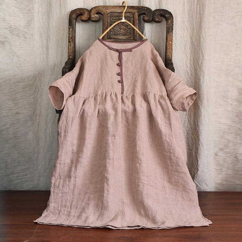 

Johnature Женское платье с круглым вырезом и рукавом три четверти, летняя однотонная одежда в винтажном китайском стиле One Size розовый