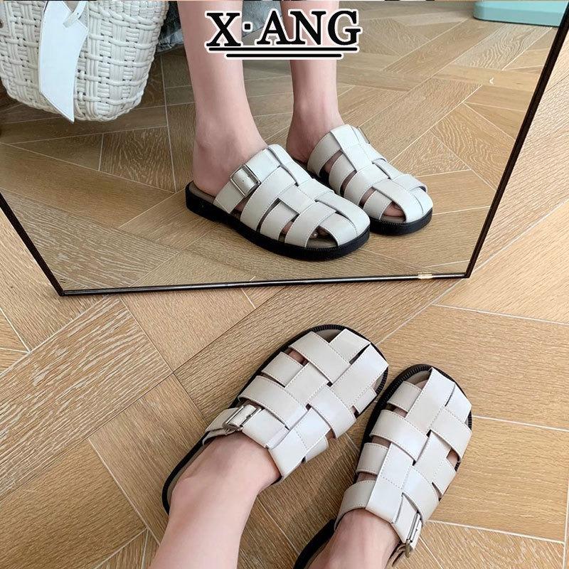 Leather Woven Hollow Sandals Women's Pig Cage Shoes New Flat-bottomed Bag Head Half Slippers Summer Sandals
