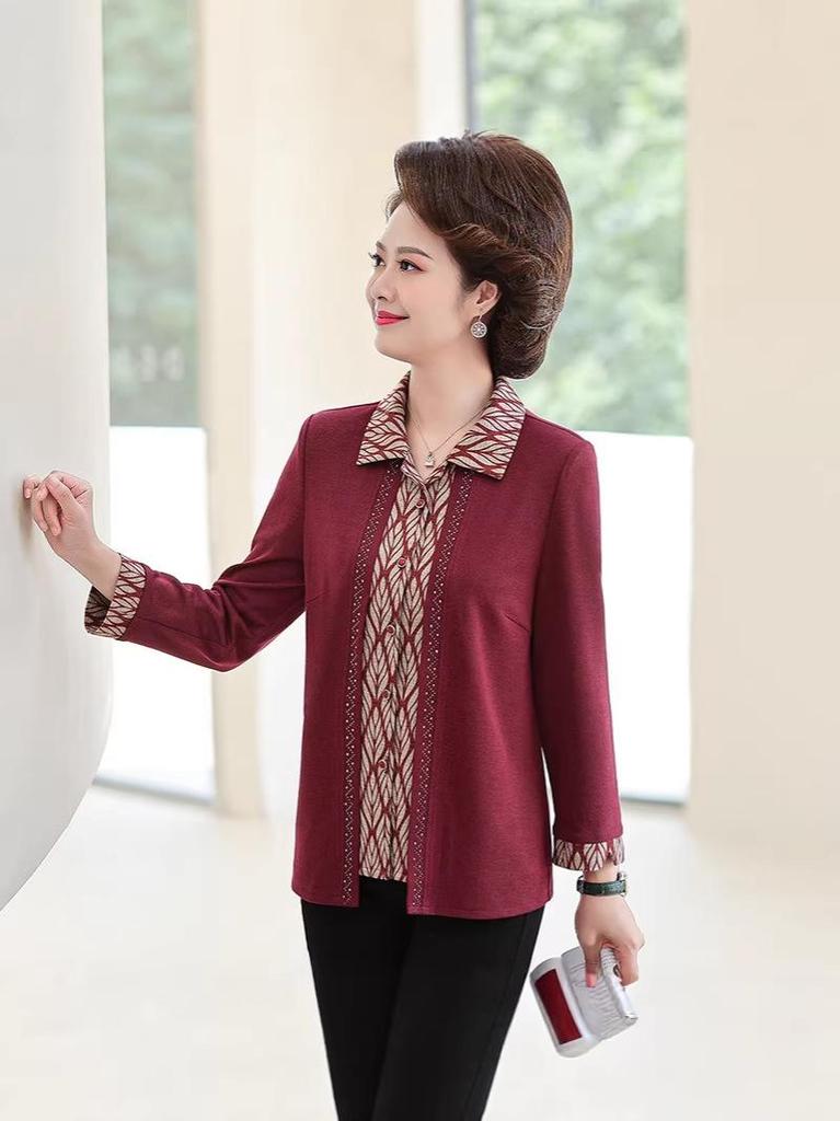 Mom's Stylish Cotton Two-Piece Shirt Cardigan for Middle-Aged & Elderly Women - Spring & Autumn Fashion