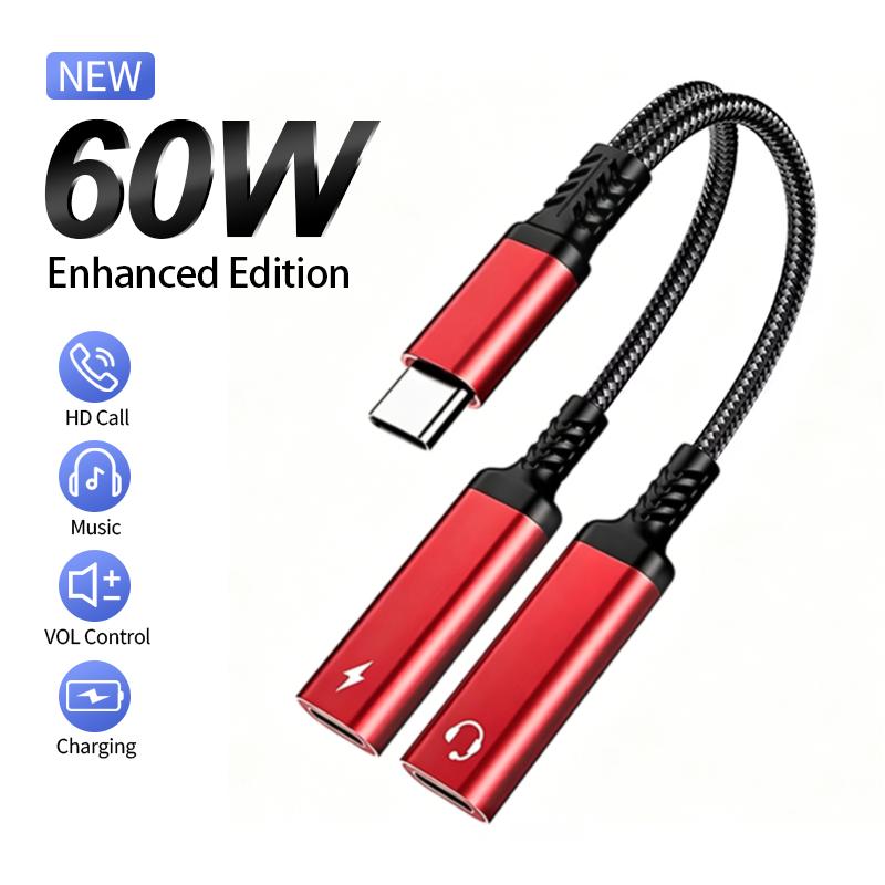 Xiaomi OTG 2 IN 1 USB C Splitter to Dual Type USB C Headphone Jack Audio Adapter PD 60W Fast Charger for Samsung Huawei IPhone15 Xiaomi