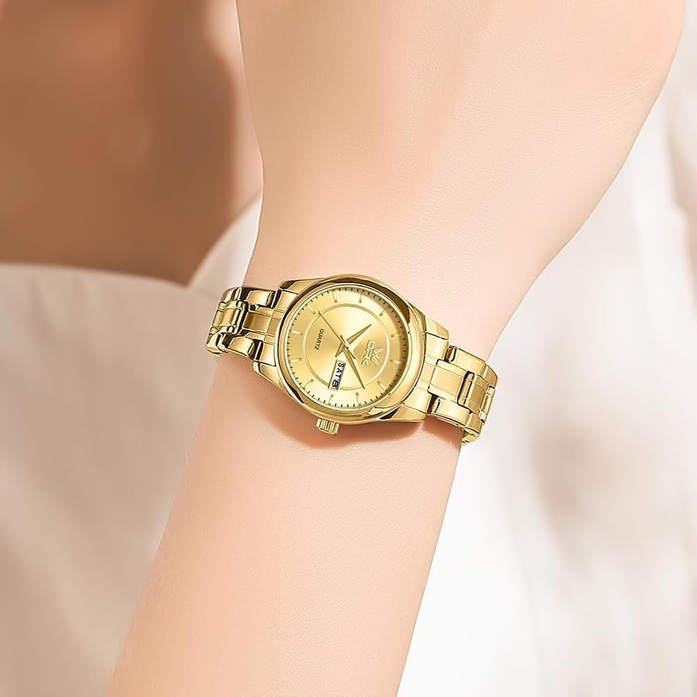 OPK Women's Quartz Watch Classic Dial Stainless Steel Band 30M Water Resistant Lightweight Business Watch Gold