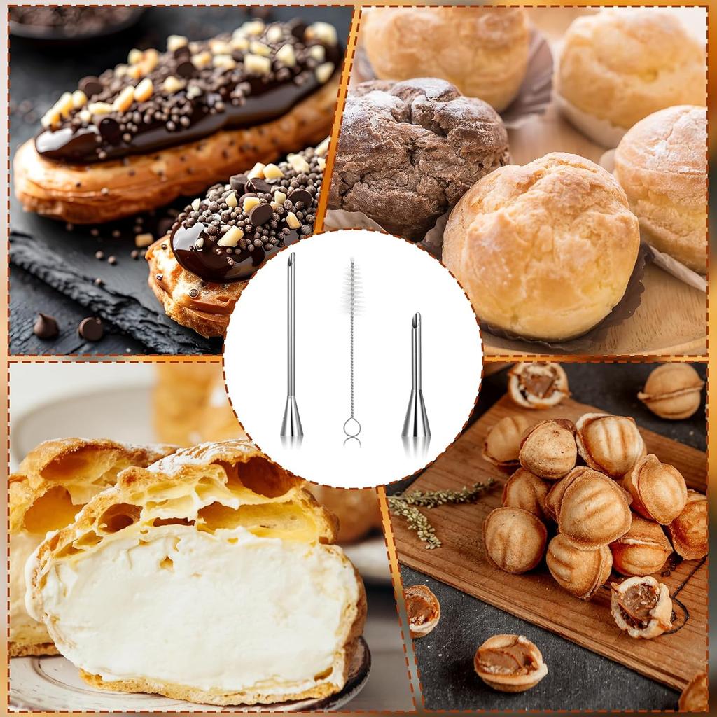 3 Pcs Cream Icing Piping Nozzle Tips,Stainless Steel Long Cream Nozzle Decor,Small Pastry Icing Piping Decorating Tools + Decorating Cleaning Brush