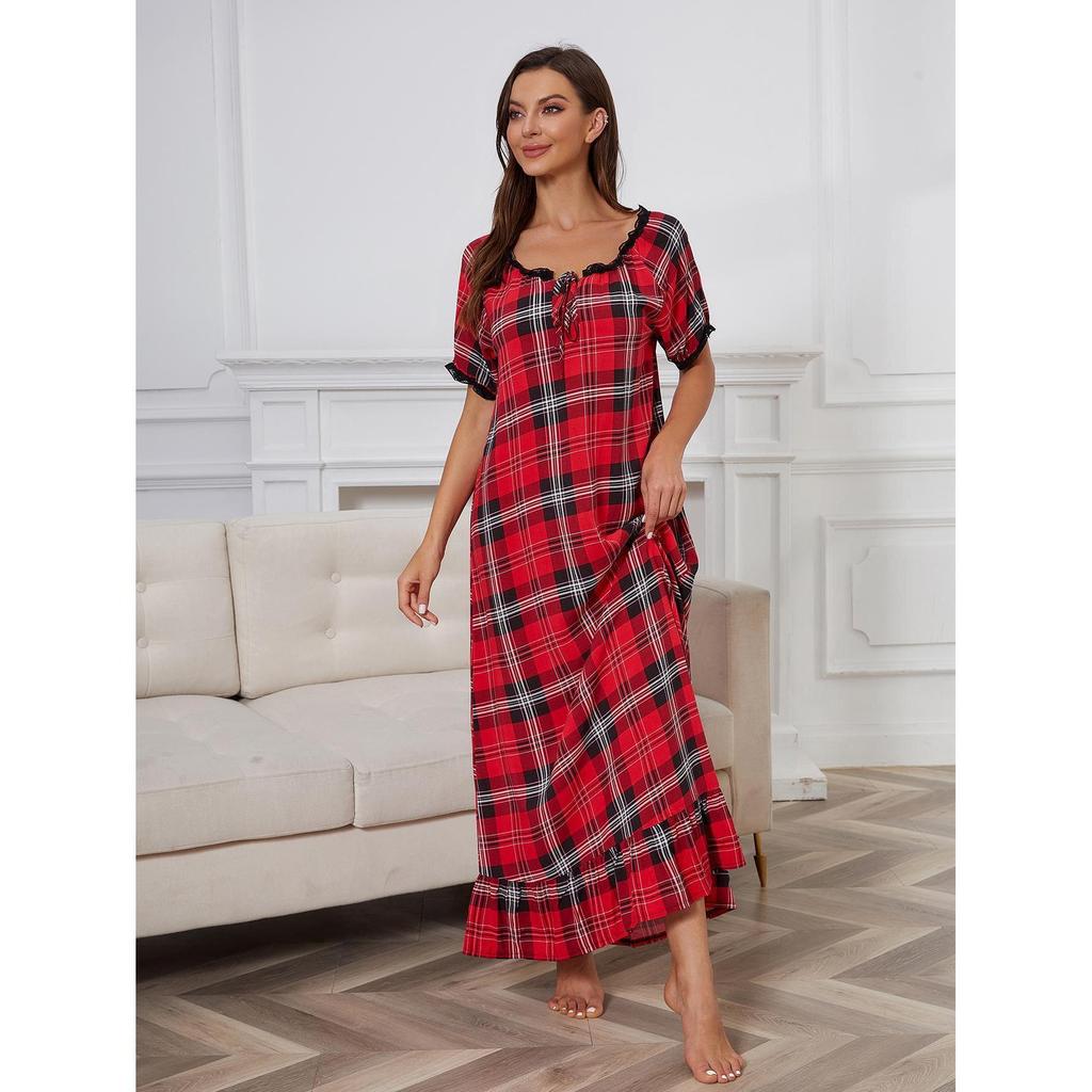 Europäischer und amerikanischer Nachthemd Damen Sommer Kurzarm Rot Kariert Lang Haus Damen Pyjama