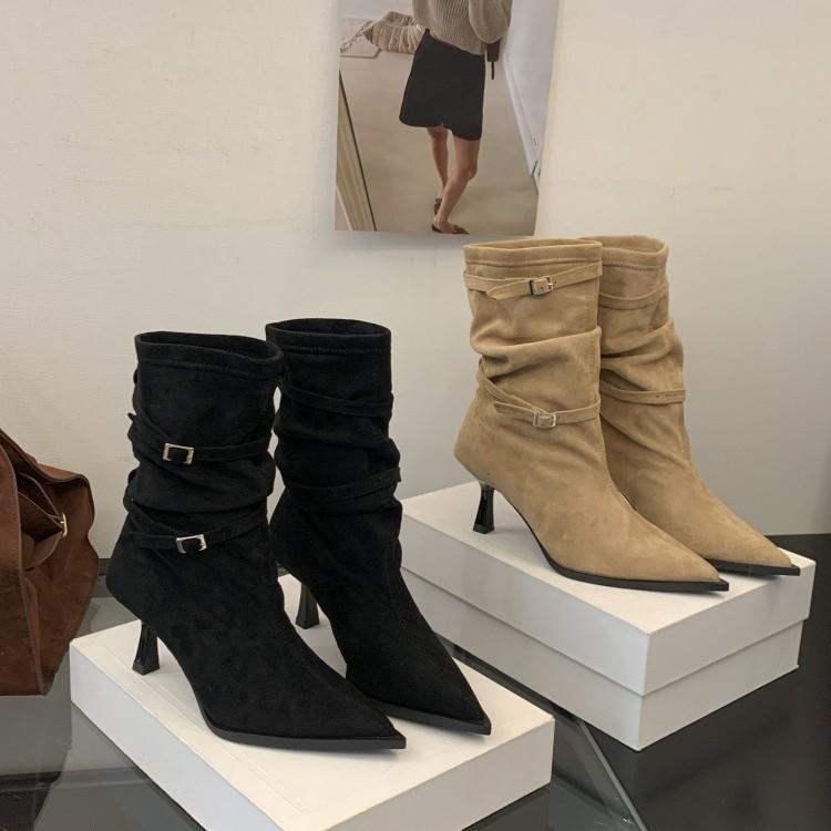 Autumn and Winter New European and American Thin Heel Pointed Stacked Boots Western Cowboy Knight Retro Women's Short Boots