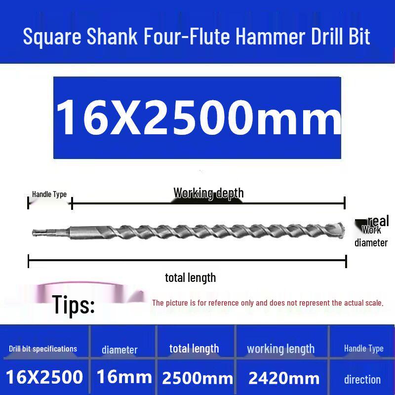 Extended Electric Hammer Drill Bit, Square & Round Shank, for Concrete Piercing - Available in 500mm to 2m Lengths