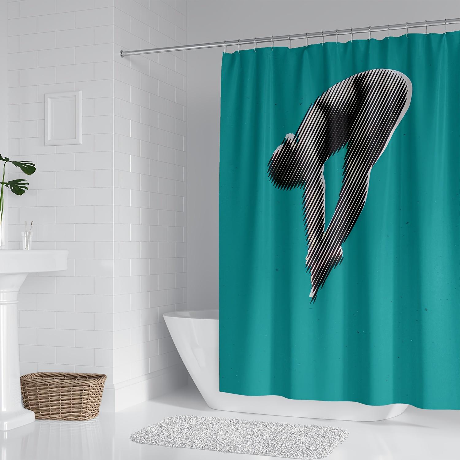 1pc Modern Artistic Diver Silhouette Shower Curtain - Polyester Bathroom Decor with Bold Turquoise & Black-White Stripes, Machin 90x180cm35x71in