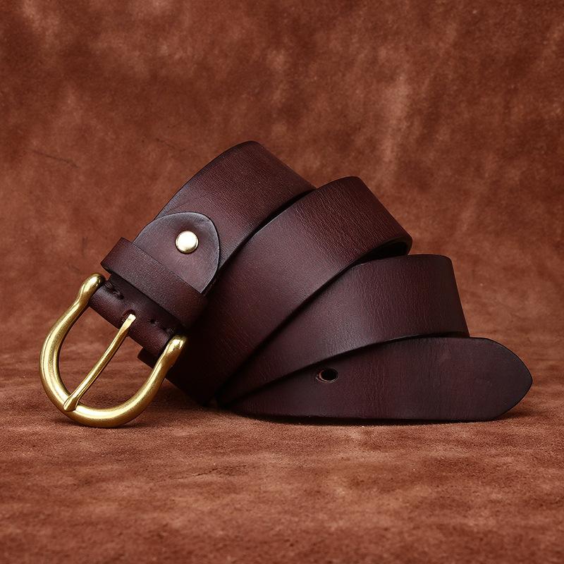 Retro Washed Matte Old First Layer Cowhide Belt Men'S Genuine Leather Brass Buckle Simple Casual Jeans Belt Men